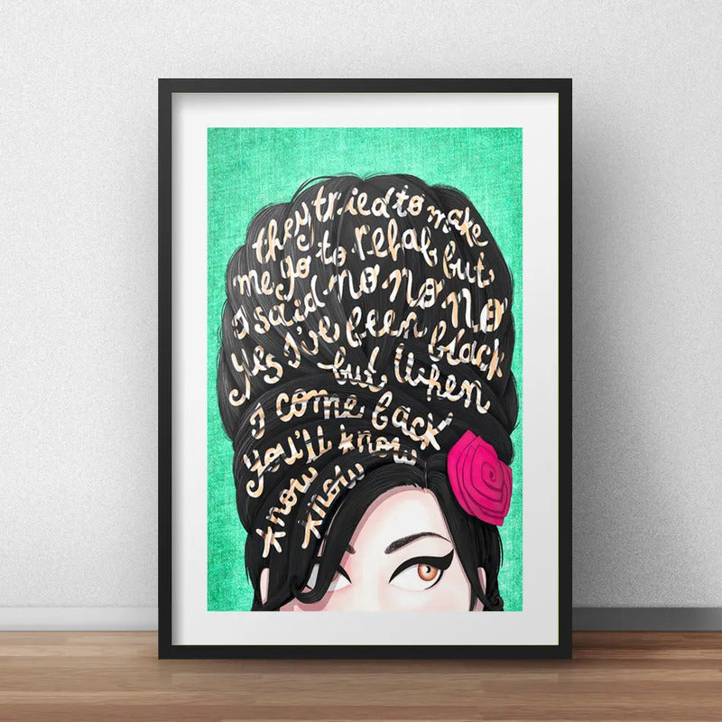 Cuadro Amy Winehouse Rehab Letra Decoracion Con Paspartú Marco Negro
