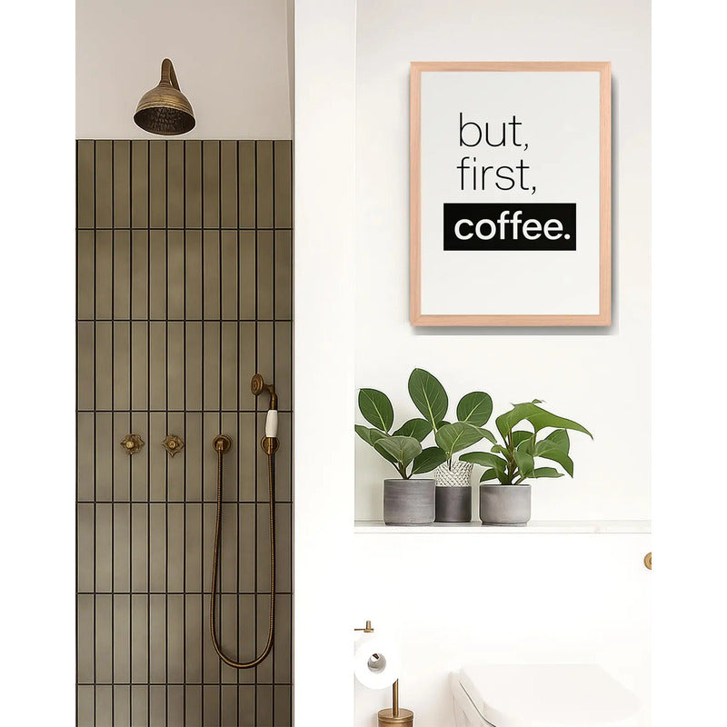 Cuadro Café But First Coffee Frase Minimalista Marco Oak Marco Marrón Claro