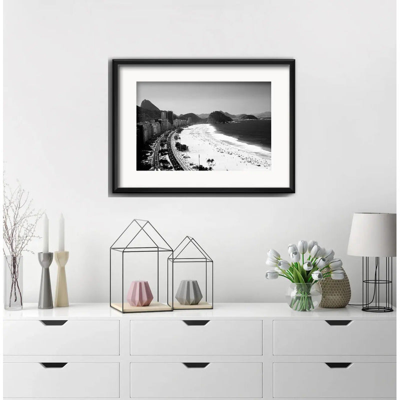 Cuadro Rio De Janeiro Blanco Y Negro B7 53x43cm Con Paspartú Playa De Copacabana Avenida Atlantica Con Marco Negro