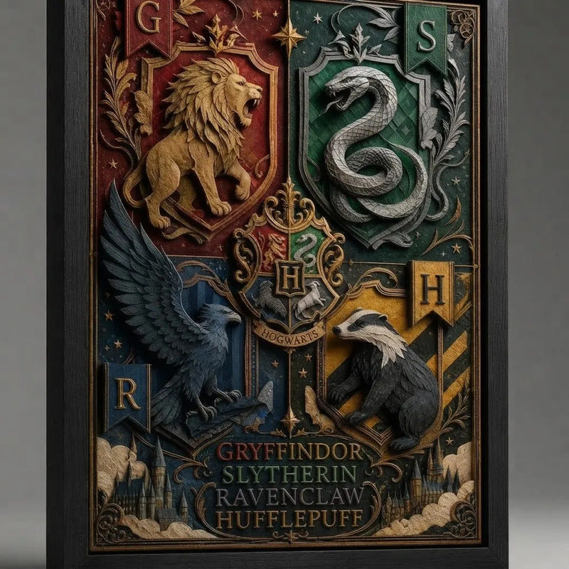 Cuadro Harry Potter 4 Casas Hogwarts Pelicula Arte Efecto 3d Marco Negro