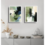 Set 2 Cuadros Dormitorio Living Abstracto Mossy Calm Verde Marco Blanco