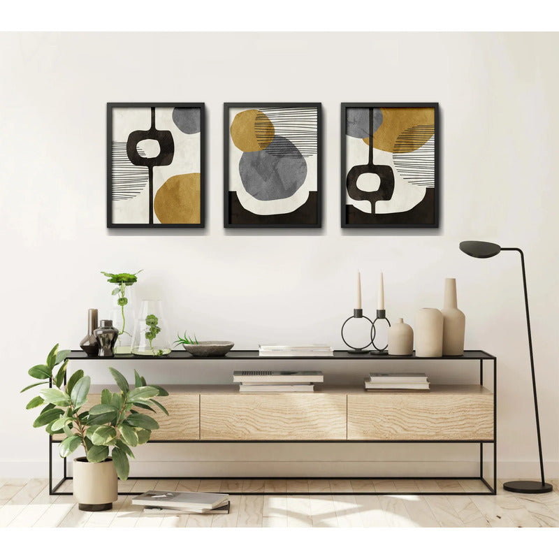 Set 3 Cuadros Dormitorio Living Boho Abstract Tonos Terrosos Marco Negro