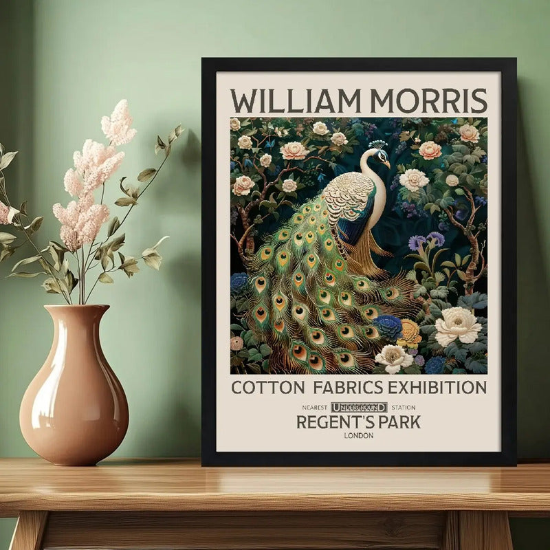 Cuadro Pavo Real Blanco Floral William Morris Botanico Flor Marco Negro