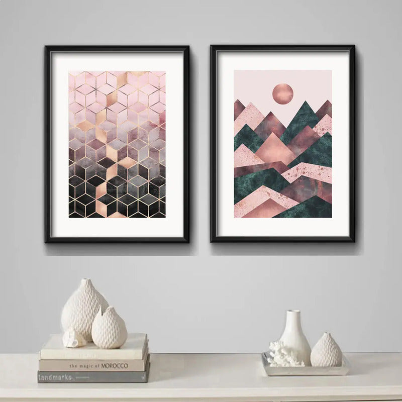 Set 2 Cuadro Abstracto Rose Gold Escandinavo Arte Paspartú