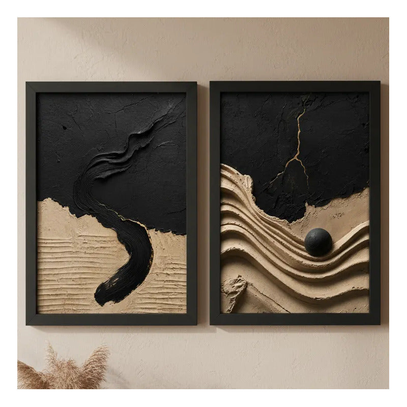 Set 2 Cuadros Living Dormitorio Abstracto 3d Beige Negro Br2 Marco Negro