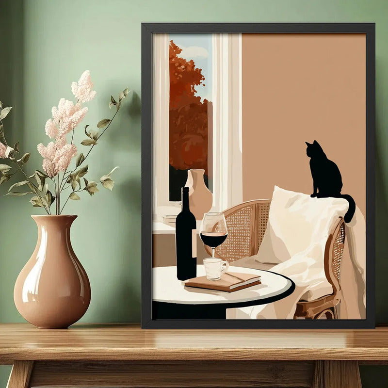Cuadro Living Cocina Gato Vino Arte Cozy Cat Tonos Neutros Marco Negro