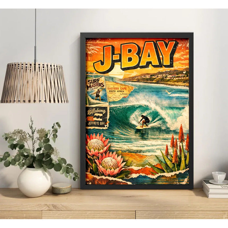Cuadro Surf Jeffreys Bay Arte Retro Olas Famosas Del Mundo Marco Negro