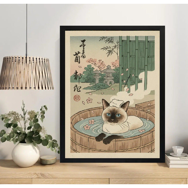 Cuadro Gato Siames Banera Bano Arte Japonés Flores Cerezo Marco Negro