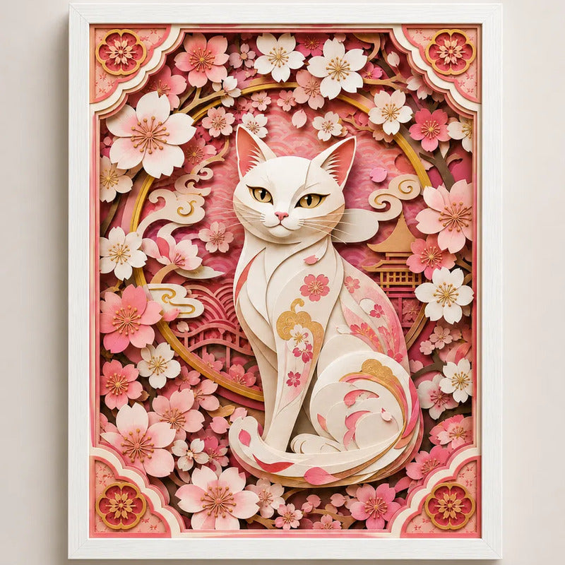Cuadro Gato Blanco Efecto 3d Arte Japones Rosa Flores Cerezo Marco Blanco