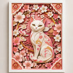 Cuadro Gato Blanco Efecto 3d Arte Japones Rosa Flores Cerezo Marco Blanco