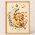 Cuadro Dormitorio Infantil Bebe Leon Luna Estrella Efecto 3d Marco Madera Oak Madera Clara