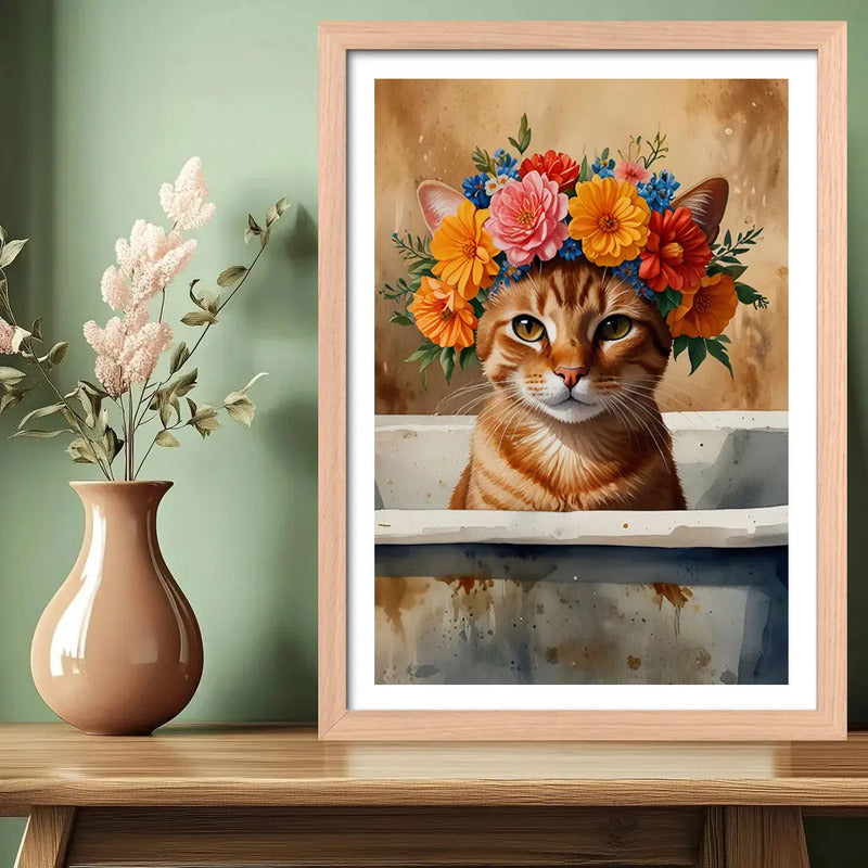 Cuadro Gato Flores Banera Bano Floral Pet Arte Marco Oak Marco Marrón Claro
