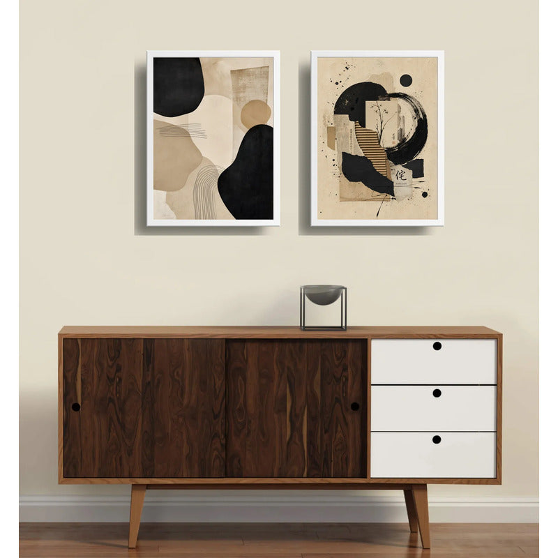 Set 2 Cuadros Boho Arte Abstracto Beige Crema Decorar Casa Marco Blanco