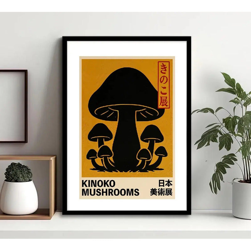 Cuadro Kinoko Cucumelo Hongos Arte Japones Decoracion Marco Negro