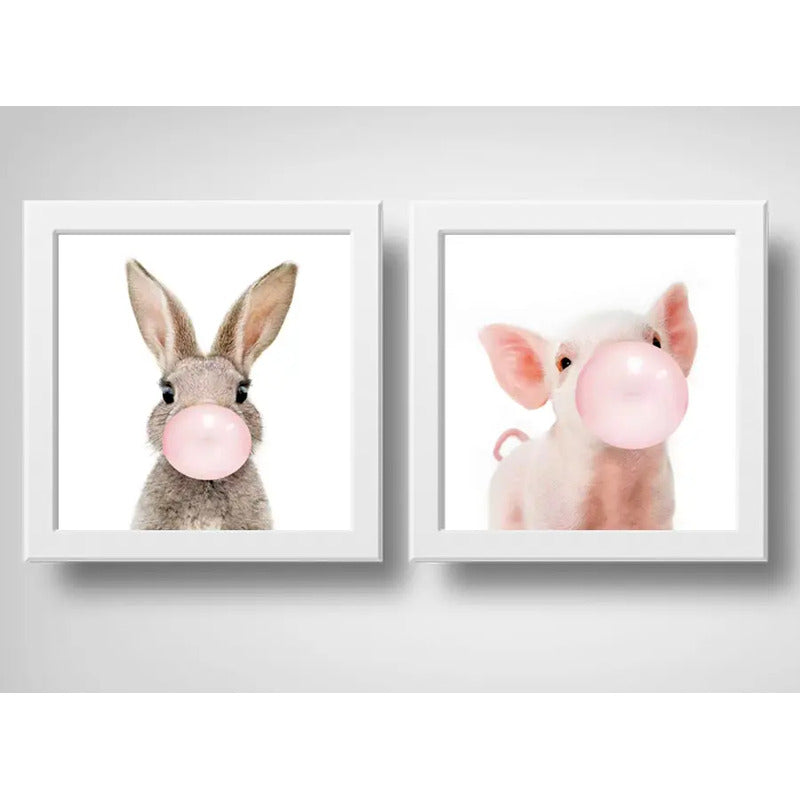 Set 2 Cuadros Conejo Chicle Cerdo Baby Animals Decoracion