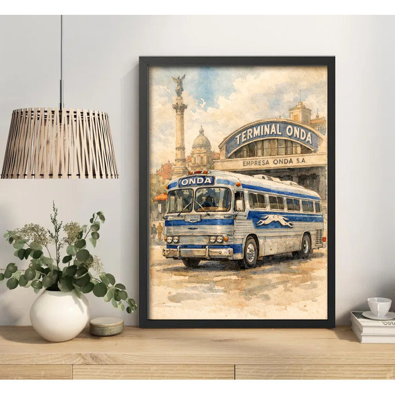 Cuadro Onda Ómnibus Autobuses Uruguay Buso Vintage Retro Frente A Su Terminal Negro