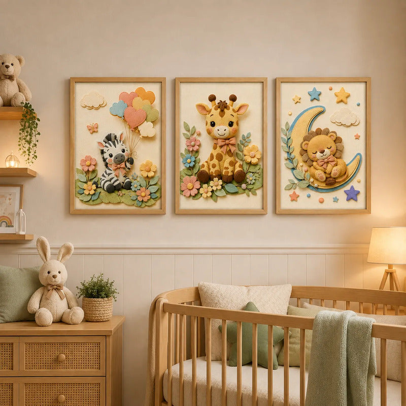 Set 3 Cuadros Infantil Bebe Cebra Jirafa Leon Luna Efecto 3d Marco Madera Oak Madera Clara