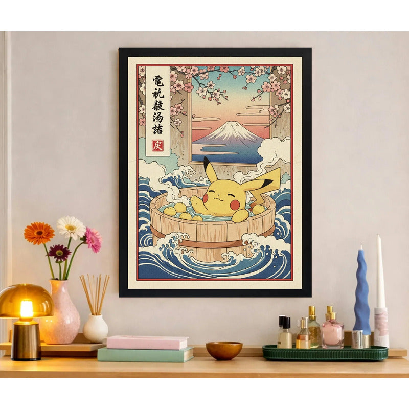 Cuadro Pikachu Baño Monte Fuji Arte Japones Pokemon Anime Marco Negro