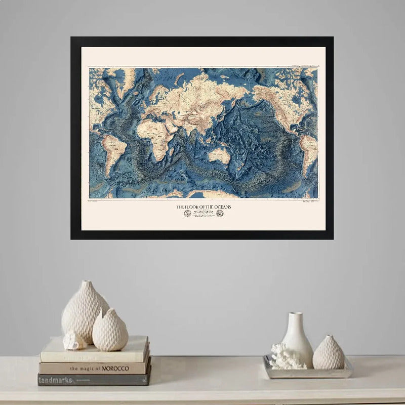 Cuadro Living Mapa Mundi El Fondo De Los Océanos Vintage Art Marco Negro