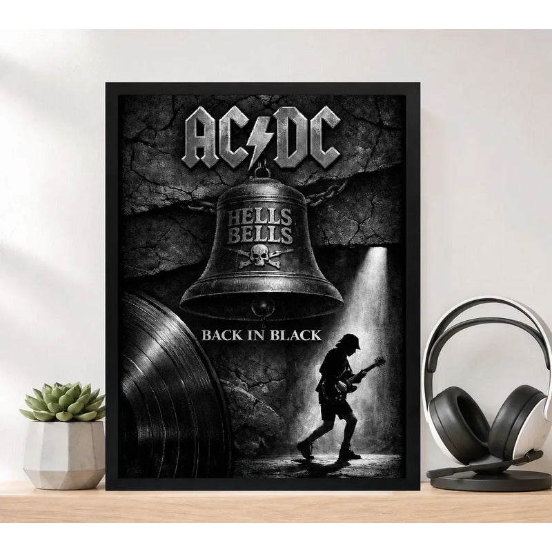 Cuadro Ac/dc Hells Bells Back In Black Banda Arte Rock Acdc Marco Negro