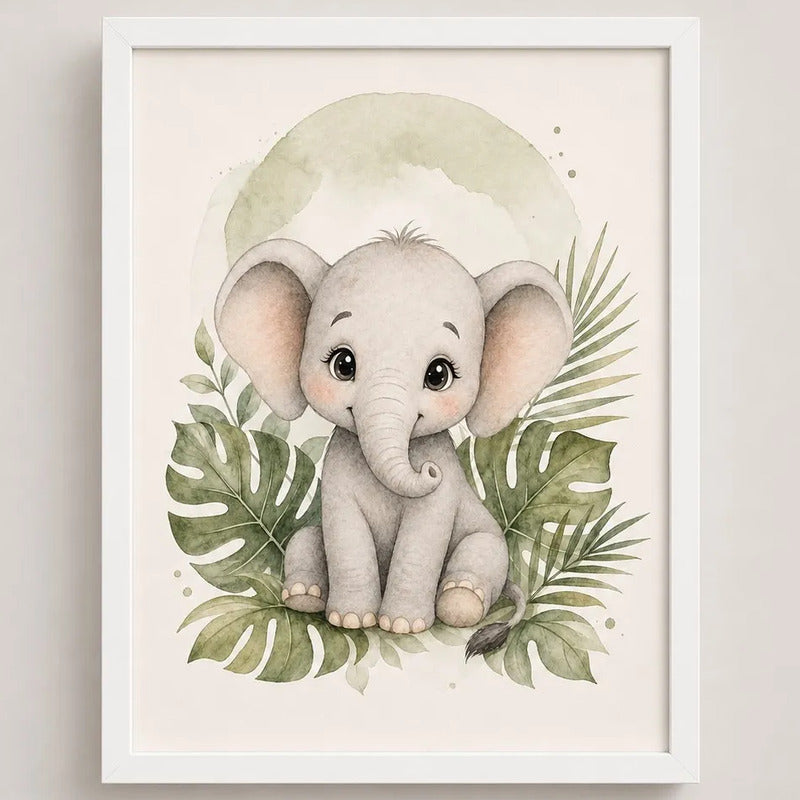 Cuadro Elefante Decoracion Dormitorio Infantil Tonos Suaves Marco Blanco