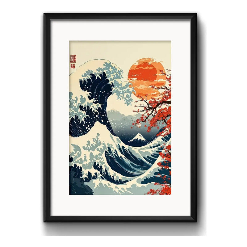 Cuadro Gran Ola Monte Fuji Arte Japonés 53x43cm Con Paspartú La Gran Ola Sakura Con Marco Negro