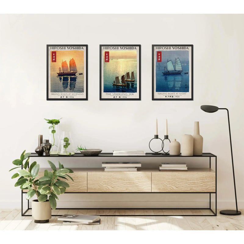 Set 3 Cuadros Hiroshi Yoshida Arte Japones Estilo Shin-hanga Marco Negro