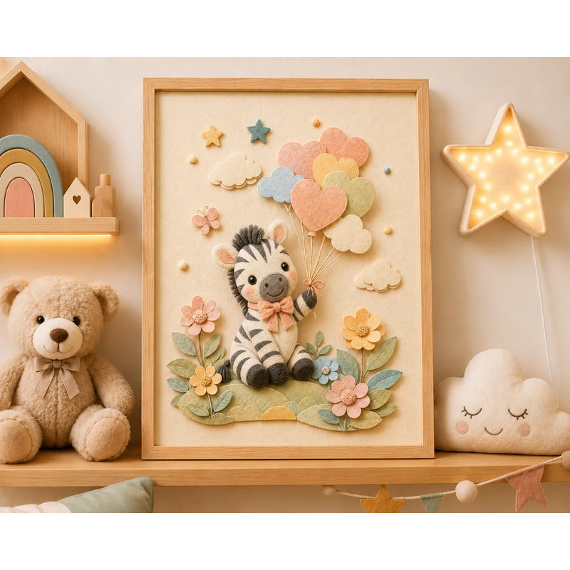 Cuadro Dormitorio Infantil Bebe Cebra Globos Flor Efecto 3d Marco Madera Oak Madera Clara