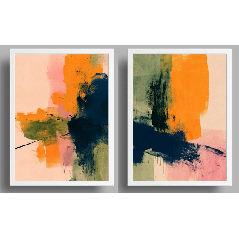 Set 2 Cuadros Dormitorio Living Abstracto Arte Contemporáneo Marco Blanco