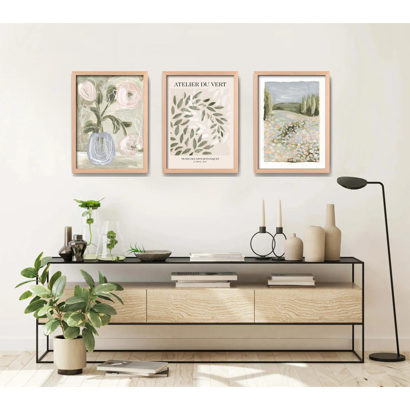 Set 3 Cuadros Románticos En Verde Botanica Tonos Suave Oak Marco Marrón Claro