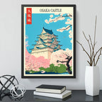 Cuadro Living Dormitorio Castillo Osaka Flores Arte Japonés Marco Negro