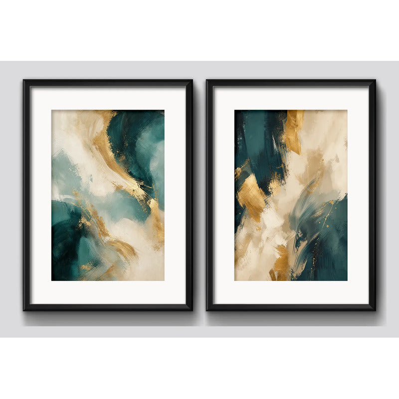 Set 2 Cuadros Boho Arte Abstracto Azul Petroleo Con Paspartu 43x33cm Cada Cuadro Negro