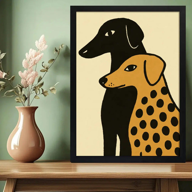 Cuadro Dormitorio Living Duo Canino Tonos Neutros Beige Marco Negro