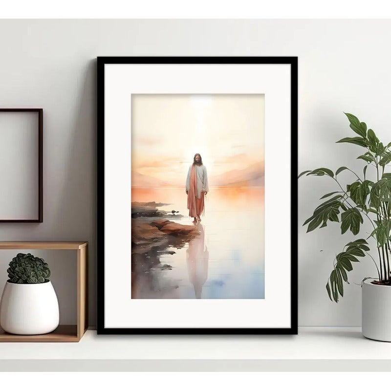 Cuadro Jesús Cristo Senor Dios Arte Decoracion Con Paspartú Caminando En El Agua Con Marco Negro