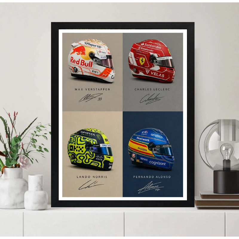 Cuadro Casco Formula 1 Auto Verstappen Leclerc Norris Alonso Marco Negro