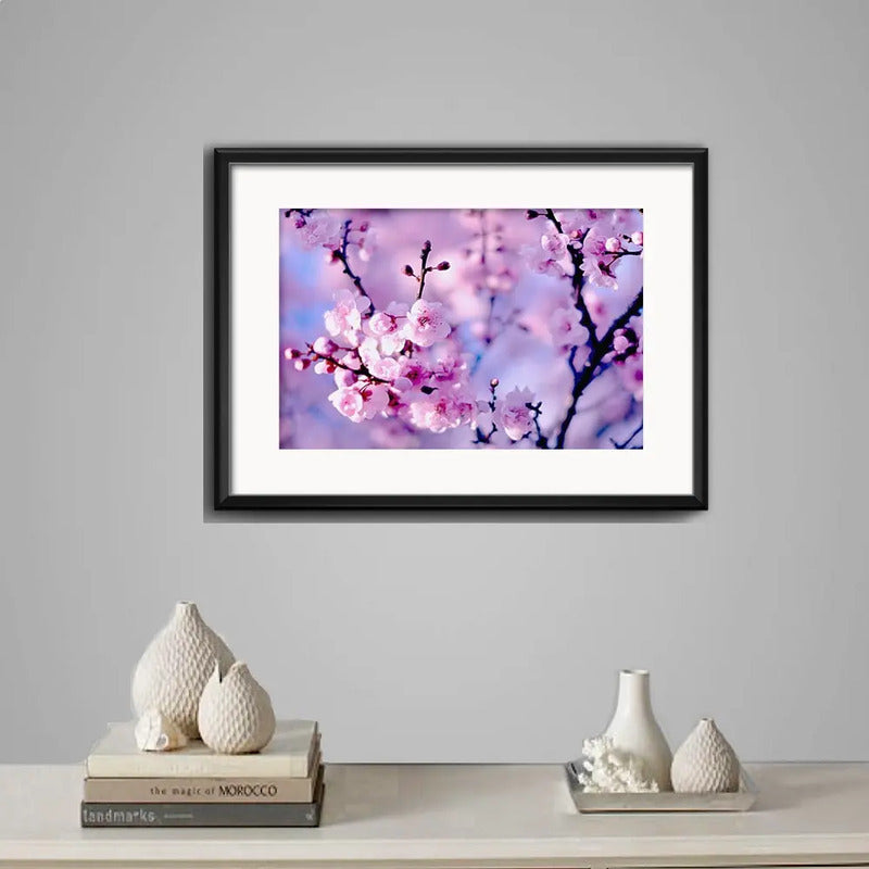 Cuadro Cerezo Sakura Flores Arte Japones Arbol Con Paspartú Cerezo Sakura 4 Con Marco Negro