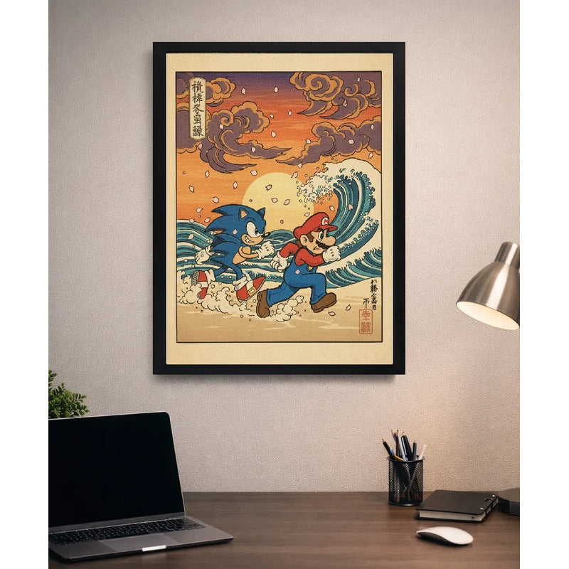 Cuadro Mario Sonic Playa Juego Game Ola Kanagawa Mar Japón Marco Negro