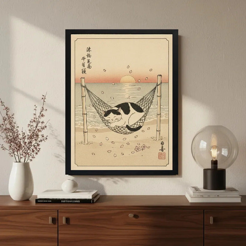 Cuadro Gato Zen Playa Sol Japón Flor Cerezo Mar Tonos Beige Marco Negro