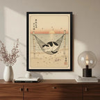 Cuadro Gato Zen Playa Sol Japón Flor Cerezo Mar Tonos Beige Marco Negro