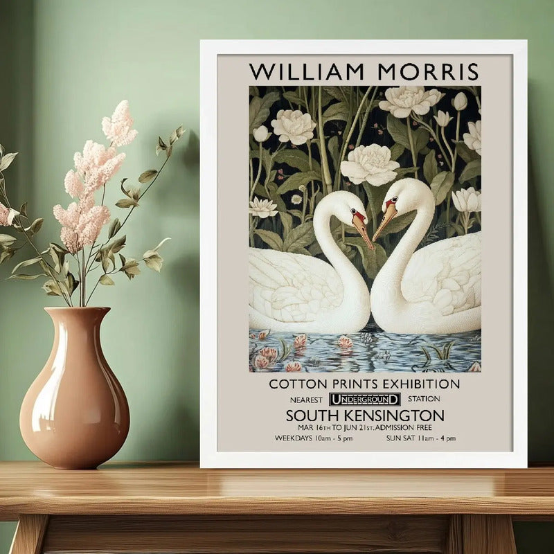 Cuadro Cisnes Amor William Morris Arte Flores Botanico Br2 Marco Blanco