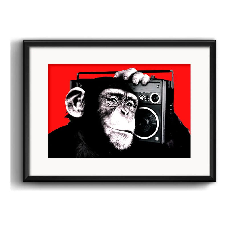 Cuadro Mono Con Radio Chimpancé Decoracion Con Paspartú