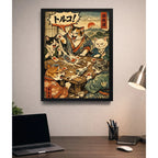Cuadro Gatos Truco Juego De Naipes Paisaje Japón Fuji Arte Marco Negro