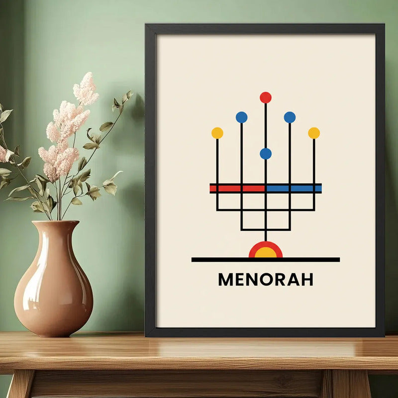 Cuadro Arte Judaico Menorah Candelabro Arte Estilo Bauhaus Marco Negro