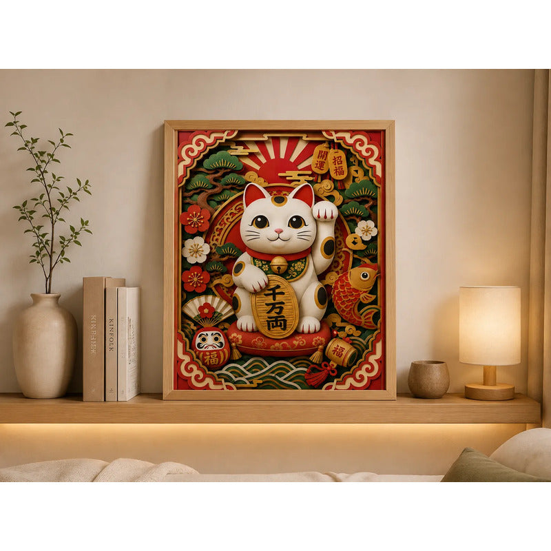 Cuadro Gato De La Suerte Efecto 3d Arte Japones Elementos Marco Marrón Claro