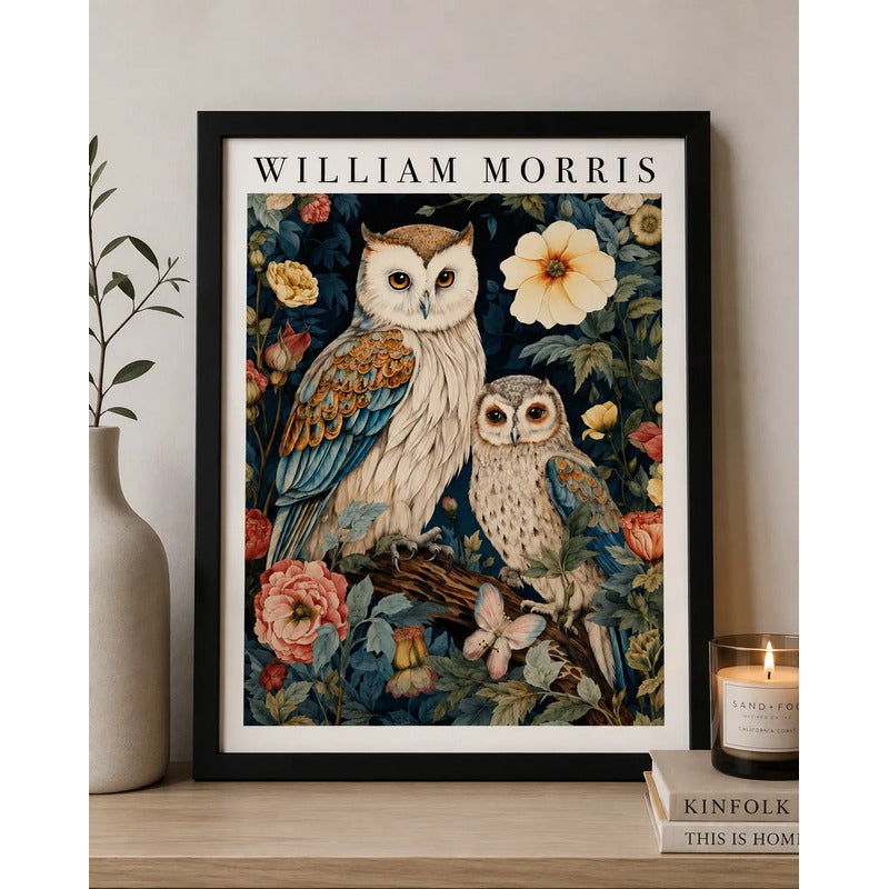 Cuadro Dormitorio Living Buho Flores William Morris Owl Negro
