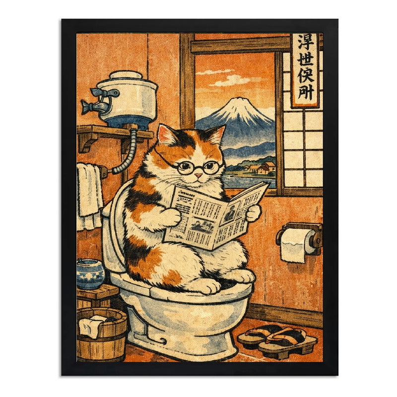 Cuadro Gato Bano Diario Japón Mascota Arte Decoracion Marco Negro