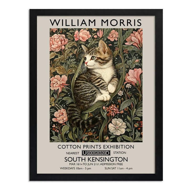 Cuadro Gato Flores William Morris Gatito Arte Exposición Marco Negro
