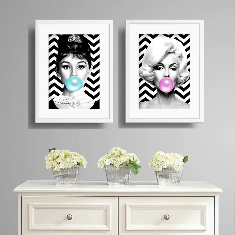 Set 2 Cuadros Marilyn Monroe Audrey Hepburn Chicle Paspartu