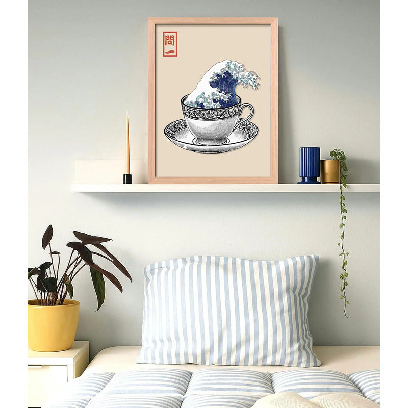 Cuadro Living Cocina Té La Gran Ola Kanagawa Tonos Beige Oak Marco Marrón Claro