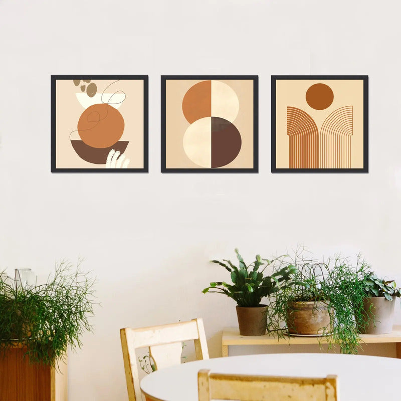 Set 3 Cuadros Boho Geometrico Tonos Suaves Tierra 33x33cm Marco Negro